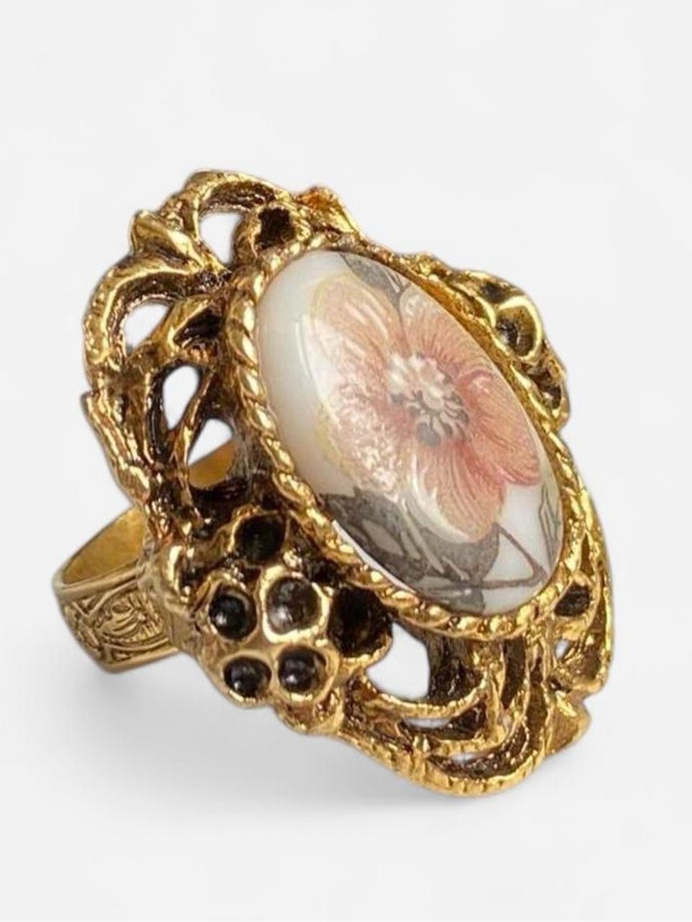 Vintage Adjustable Cameo Flower Ring Floral Bow Coquette Victorian Antique 
Gold